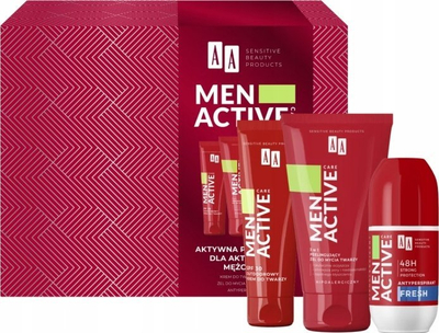 Set kozmetike për burra AA Men Active, krem fytyre SPF 30, xhel larje fytyre 3 në 1, antiperspirant, i kuq