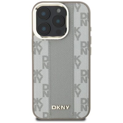 Футрола DKNY со кариран дезен MagSafe за iPhone 16 Pro Max, еко-кожа, сива