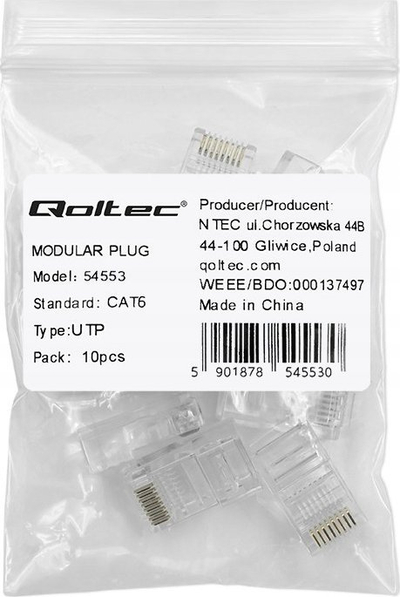 Konektor modular RJ45 Qoltec CAT6, UTP, i artë, 10 copë
