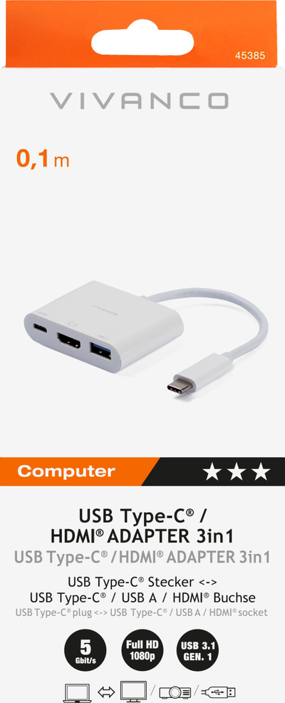 Adapter USB C Vivanco 45385, HDMI 3n1, USB 3.1, i bardhë