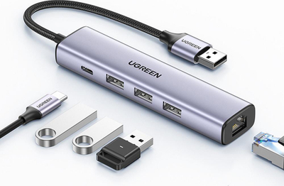 Hub USB UGREEN 60554, 5 në 1, USB 3.0, RJ45 Gigabit, gri metalik