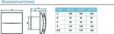 Ventilator banjoje Aerauliqa QD-120HT BB, me sensor lagështie, me vijim ajrosjeje, i bardhë