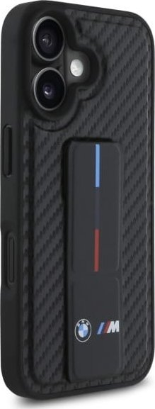 Maskë telefoni BMW M Grip Stand Smooth and Carbon, për iPhone 16 6.1", me stand, e zezë