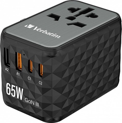 Adapter udhëtimi Verbatim GaN III, universal, 65W, 2x USB C 2x USB A, i zi