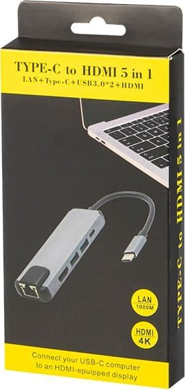 Adapter USB C Blow K 03, Hub 5 në 1, HDMI 4K, RJ45 Gigabit, gri