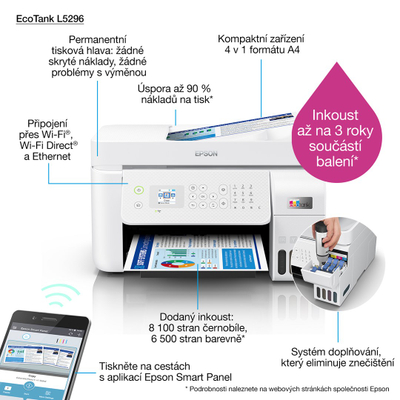 Printer multifunksional Epson L5296, Inkjet, i bardhë