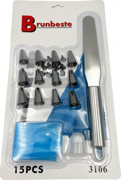 Set për zbukurim ëmbëlsirash Brunbeste 3106, 15 copë, qese silikoni me 12 grykë, blu
