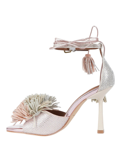 Sandale për goca Kurt Geiger Pom Pom Ankle Tie, taka 9 cm, lëkurë me kristale, rozë metalike shumëngjyrëshe