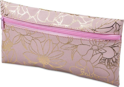 Penar i sheshtë Flat Pencil Case D22, me zinxhir, dizajn lulesh, rozë