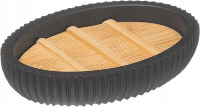 Pjatë sapuni ovale, polyresin dhe bambu, 12.5x9x2.5cm, e zezë