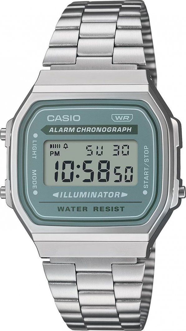 Orë digjitale Casio Vintage Illuminator, 36mm, ekran blu, argjend