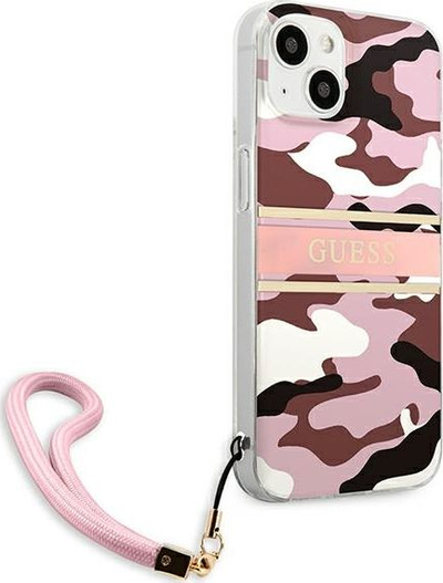 Mbrojtëse telefoni Guess Camo Strap për iPhone 13 Mini 5.4", TPU, me rrip, rozë
