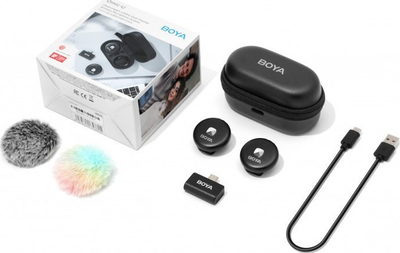 Mikrofon lavalier pa tela BOYA Omic D/U, për iPhone, iPad, Android Type C, me kuti karikimi, i zi