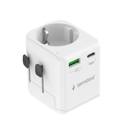 Adapter universal udhëtimi Gembird Grounded, 20W, USB C PD, USB A QC, i bardhë