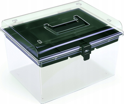 Kuti plastike NUF HIGH për sistemim, 29.2x25x18.5 cm, transparente, me kapak të zi