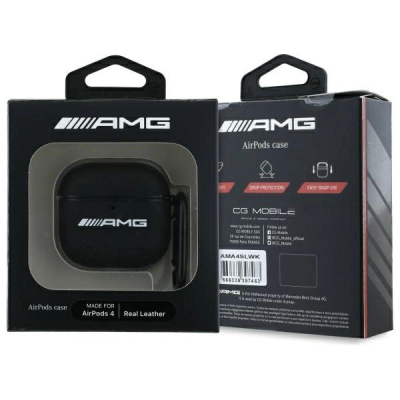 Këllëf për kufje AMG AMA4SLWK AirPods 4, lëkurë natyrale, me karabinë, i zi