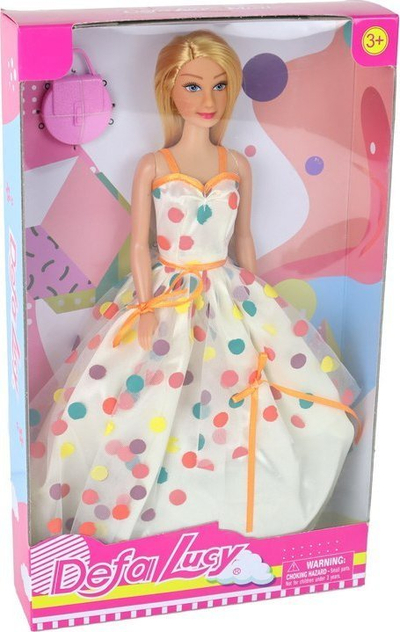 Kukull princeshë Leantoys Defa Lucy, me çantë, fustan i bardhë me pika shumëngjyrëshe