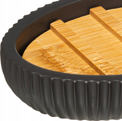 Pjatë sapuni ovale, polyresin dhe bambu, 12.5x9x2.5cm, e zezë