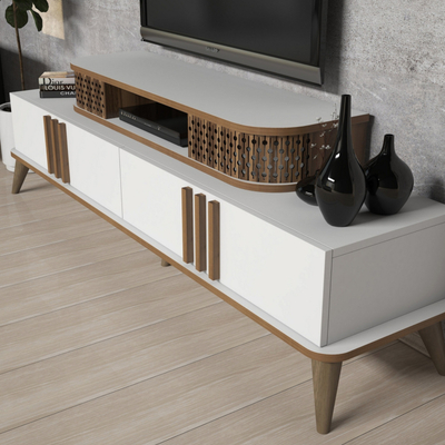 Kabinet TV Kalune Design September, me rafte, këmbë druri, e bardhë
