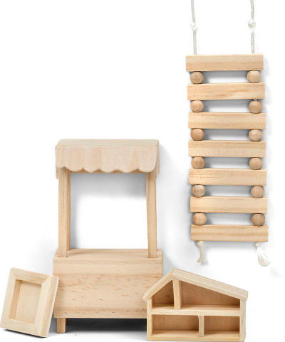 Set DIY aksesorë për shpinë e kukullave Lundby, dru natyral, 4 pjesë, ngjyrë natyrale