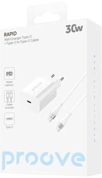 Karikues muri Proove Rapid 30W, USB C PD 3.0, kabllo USB C në USB C, i bardhë