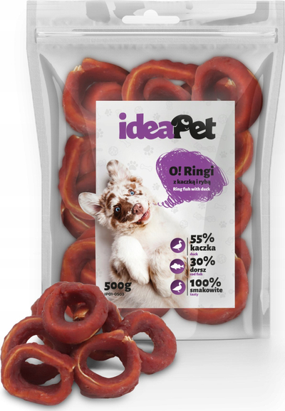 Shpërblim për qen IdeaPet Rings, mish rose dhe peshk, 500g