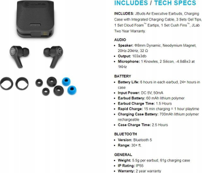 Kufje wireless in ear JLab JBuds Air Executive, Bluetooth 5, me kuti karikimi, të zeza