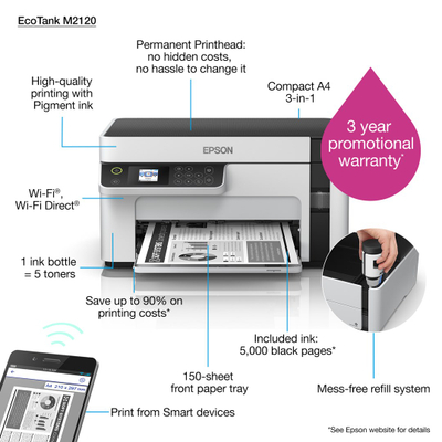 Pajisje multifunksionale Epson EcoTank M2120, monokrom, Wi-Fi, e bardhë