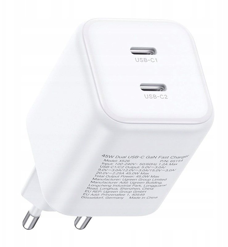 Karikues muror Ugreen X526, 2x USB C, GaN, 45W, i bardhë