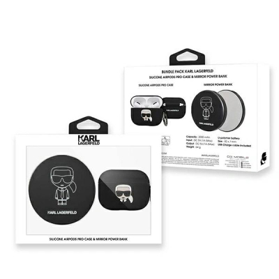Set aksesorësh Karl Lagerfeld Këllëf silikoni AirPods Pro me power bank 2000mAh, i zi