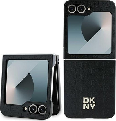 Kapak telefoni DKNY Repeat Pattern Stack Logo, për Samsung Galaxy Z Flip6, lëkurë PU, i zi