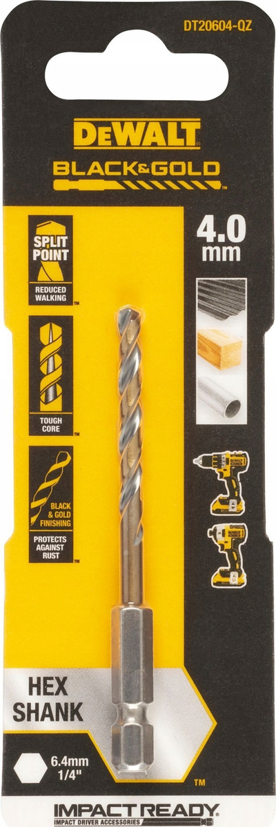 Spiralë stërvitjeje DeWalt Black and Gold, HSS, 4mm, shank hex 1/4"