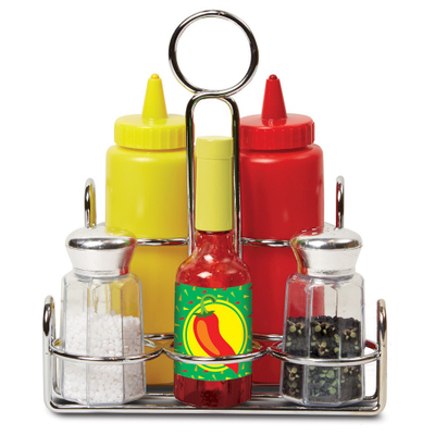 Set lodrash për salca Melissa &amp; Doug Condiments, plastikë, me mbajtëse hekuri, me ngjyra