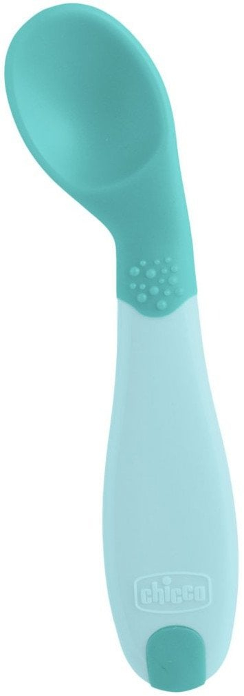 Lugë e pjerrët për bebe Chicco Angled Spoon 8m+, plastike, blu e çelët