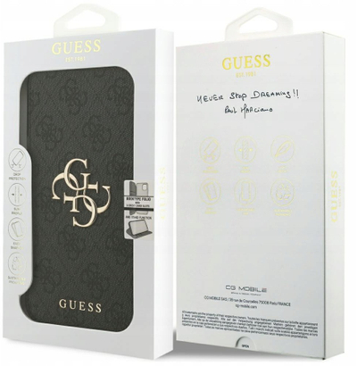 Mbulesë telefoni Guess Book 4G për iPhone 17 Pro Max, lëkurë ekologjike, dizajn tip libër, e zezë