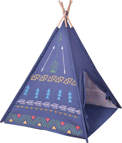 Çadër loje për kalamaj ECOTOYS Teepee 8179, strukturë druri, me dritare, blu me dizajn