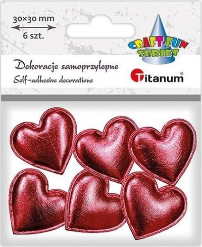 Dekorime vetëngjitëse Titanum Red Hearts, 30x30 mm, 6 copë, të kuqe