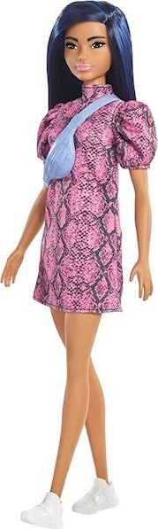 Kukull Barbie Fashionistas 143 GXY99, me fustan snakeskin, me aksesorë, rozë