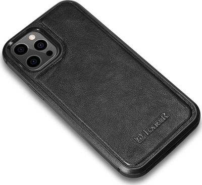 Këllëf telefoni iCarer Leather Oil Wax, për iPhone 12 Pro Max, lëkurë natyrale, i zi