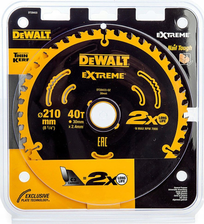 Teh sharre për dru Dewalt DT20433 Extreme, 210mm, 40 dhëmbë, verdh e zezë