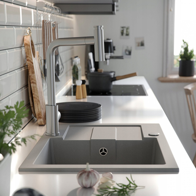 Lavaman kuzhine granit Granite Sink Gray, një kos, vendosje nga sipër, gri