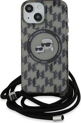 Mbrojtëse telefoni Karl Lagerfeld IML Monogram Crossbody K&amp;CH Heads, për iPhone 15, MagSafe, e zezë
