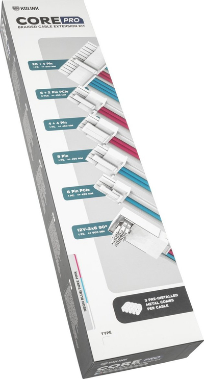 Set kabllosh zgjatues për PC Kolink Core Pro 12VHWPR Type 2, 16AWG, me adaptor 12V 16 pin, e bardhë blu rozë