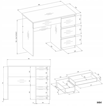 Tavolinë pune White Desk, 98 x 51 cm, 4 sirtarë, me raft, e bardhë