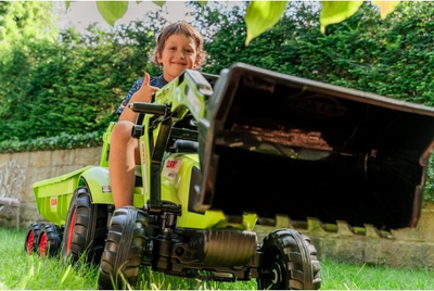 Traktor lodër Falk Claas Arion 430, për hipur me pedale, me rimorkio dhe ngarkues, i gjelbër