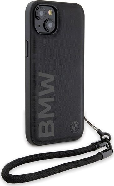 Mbulesë telefoni BMW Signature Leather Wordmark Cord për iPhone 15 Plus 14 Plus, lëkurë natyrale, me rrip dore, e zezë