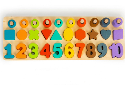 Дрвена едукативна играчка Ecotoys Abacus 3in1, броеви и форми, шаренолика