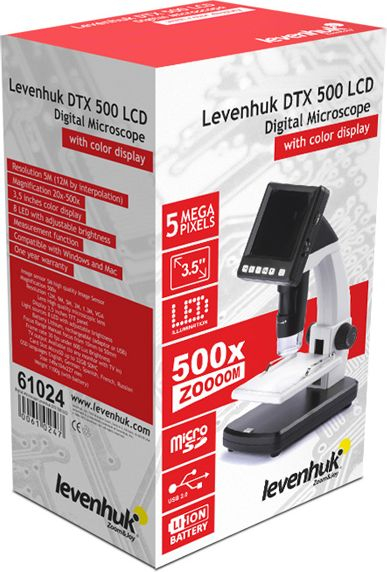 Mikroskop digjital Levenhuk DTX 500 LCD, zmadhim 20x–500x, ekran 3.5\", i zi
