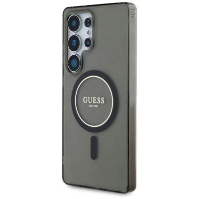 Kapotë telefoni Guess Glitter Circle Classic Logo MagSafe për Samsung S25 Ultra, TPU PC, transparente