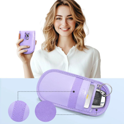 Këllëf Faraday Tech‑Protect KLR100, bllokon RFID‑në për çelësa keyless, mbyllet me shirit ngjitës, ngjyrë livandë